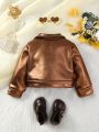 Girls' Faux Leather Fashion Jacket With Suit Collar And Ruffle Trim Decoration