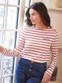 SHEIN Frenchy Women's Striped T-shirt With Letter Print, Button Detail