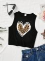 Tween Girls' Casual Heart Printed Simple Regular Tank Top, Suitable For Summer