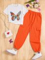 SHEIN Kids QTFun Tween Girls' Knitted Butterfly Pattern T-Shirt And Woven Cuffed Pants Casual 2pcs Outfit