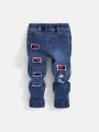 SHEIN Young Boys' Elastic Waist Distressed Patchwork Jeans