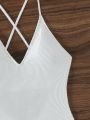 SHEIN Swim Basics Women'S Cross Ribbed Back One Piece Swimsuit