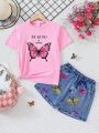 SHEIN Kids EVRYDAY Tween Girls' Slogan Butterfly Printed Short Sleeve T-Shirt And Denim Shorts Set