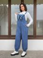 SHEIN Qutie Plus Size Denim Blue Butterfly Applique Embroidery Jumpsuit