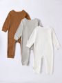 Baby Boys' 3pcs/set Casual Envelope Neck Long Sleeve Footed Jumpsuits, Loose Fit, Comfortable, Spring & Autumn