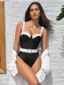 SHEIN Leisure Colorblock Push Up One Piece Swimsuit With Belt