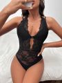 SHEIN Tie Open Back Sheer Lace Bodysuit Without Panty