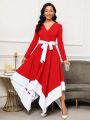 SHEIN Lady Contrast Color Irregular Hem Belted Dress