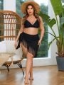 SHEIN Swim BohoFeel Plus Size Cover Up Skirt With Knot Detailing, Fringe Hem And Side Tie