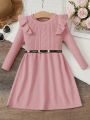 SHEIN Little Girl's Round Neck Long-sleeved Textured Jacquard Ruffled Flying Sleeves A-hem Sweater Dress