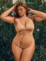 SHEIN Leisure Plus Size Solid Color One-Piece Swimsuit With Circular Accents