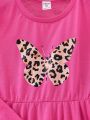 SHEIN Kids EVRYDAY Girls' Butterfly Print Irregular Hem Top And Leopard Print Pants Set