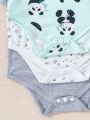 SHEIN 3pcs/Set Baby Boy's Casual Wear Simple Cute Panda, Moon, Star, Stripe Print Romper For Spring And Summer