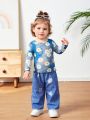 SHEIN Infant Girls' Flower Tie-dye Printed Long Sleeve Top With Jeans Imitation Pants Set
