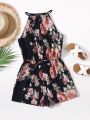 SHEIN Teen Girls Floral Print Knot Waist Halter Romper