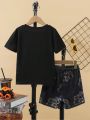 SHEIN Kids Cooltwn Toddler Boys' Fashionable Off-Road Vehicle & Letter Printed T-Shirt And Shorts Set