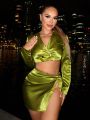 SHEIN SXY New Year Women'S Sexy Clubwear Green Corduroy Suit Set With Short Cut Blazer And High Slit Skirt