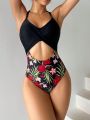 Ladies' One Piece Swimsuit With Floral Print And Hollow Out Design