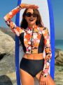 SHEIN Swim SPRTY Flower Print Splice Top With Solid Color Triangular Pants Bikini Set