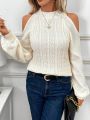 SHEIN LUNE Women'S Cable Knitted Cold Shoulder Lantern Sleeve Sweater