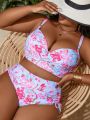 SHEIN Swim Vcay Women's Plus Size Floral Print Cross Cami Bikini Swimsuit Set