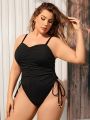 SHEIN Swim Basics Plus Size Women's One-Piece Swimsuit With Pleats And Spaghetti Straps