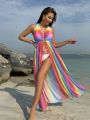 SHEIN Swim Classy Rainbow Striped Backless Halter Kimono Cover Up