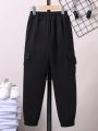 SHEIN Kids Academe Tween Boy Flap Pocket Side Drawstring Waist Thermal Lined Cargo Pants