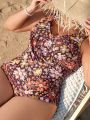 SHEIN Swim Classy Women's Plus Size One Piece Swimsuit With Floral Print And Wide Deep V Neckline