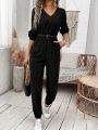 SHEIN Frenchy Women's Fashionable Black V-neck Long Sleeve Jumpsuit