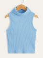 SHEIN Kids EVRYDAY 3pcs Knitted Ribbed Turtleneck Tank Tops For Tween Girls, Casual