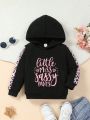 Young Girl Letter Graphic Contrast Leopard Side Seam Hoodie