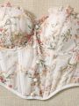 Floral Embroidered Frilled Fake Button Tube Underwire Lingerie Set