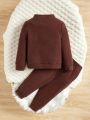 SHEIN Baby Boys' Knitted Long Sleeve Top And Elastic Waist Pants With Button Detail