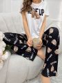 Women'S Cartoon Bear Sleepwear Set With Short Sleeve Top And Long Pants