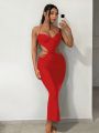 SHEIN SXY Cut Out Waist Halter Neck Backless Split Hem Dress