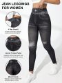 Daily&Casual Seamless High Elasticity Sport Leggings With Faux Denim Print