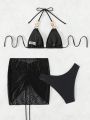 SHEIN Swim SXY Women's 3-piece Halterneck Swimsuit With Metal Buckle Decoration