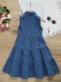 Young Girl Flap Pocket Ruffle Hem Denim Dress