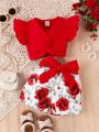 Baby Girl's Ruffle Detailed Top With Twist And Floral Pattern Shorts Set