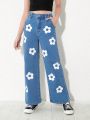 Girls' (Big) New Casual Fashionable White Floral Printed Washed Denim Wide Leg Jeans