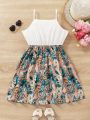 SHEIN Kids Cooltwn Tween Girls' Casual Tropical Plant Printed Spaghetti Strap Dress For Daily Wear