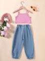 SHEIN Kids EVRYDAY Girls' (Little) Ribbed Bow Strap Cami And Denim Pants Two Piece Set