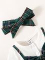 Newborn Baby Plaid Bow Front 2 In 1 Dress With Headband