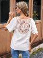 Crochet Panel Back V-Neck Eyelet Embroidery T-Shirt