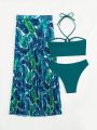 SHEIN Swim Vcay Criss Cross Bikini Set + Tropical Print Beach Skirt