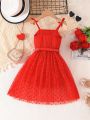 SHEIN Kids Nujoom Young Girls' Gorgeous Mesh Embroidery & Decorative Heart Buckle Belt Spaghetti Strap Dress For Summer