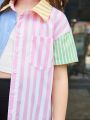 SHEIN Kids EVRYDAY Little Girl's Woven Color-block Striped Button-down Shirt With Single Pocket, Loose Fit