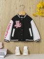 SHEIN Baby Girl Letter & Bear Print Striped Trim Varsity Jacket Without Tee