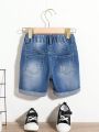 Toddler Boys' Medium Wash Blue Denim Shorts With Elastic Waistband And Rolled-Up Hem